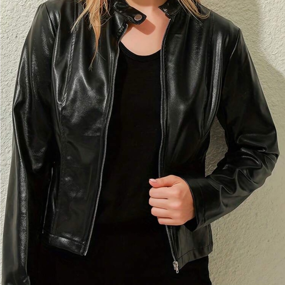 SHEIN Black Leather Jacket Sleek Zip-Front Design